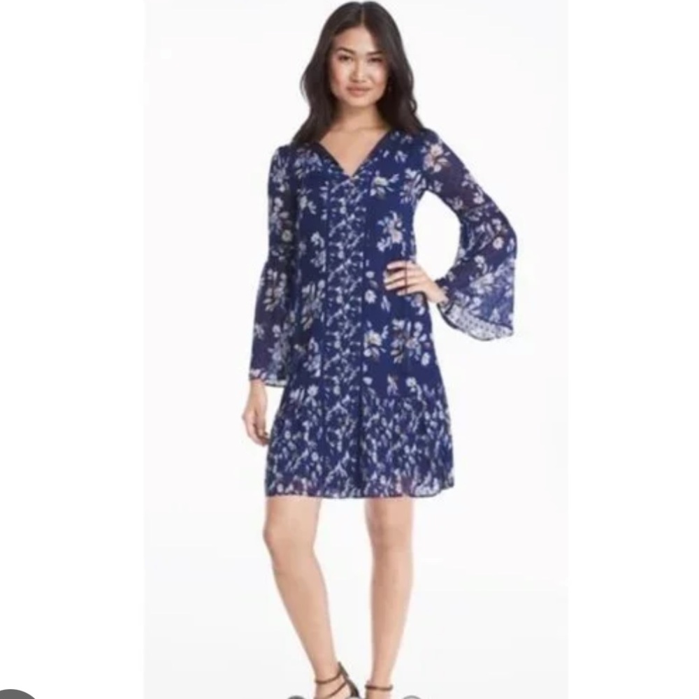 White House Black Market Navy Floral Shift Dress tassels Long sleeve size M